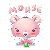 Cute pink mouse character surrounded by flowers, perfect for baby products like bodysuits and bibs. Ideal for your little one\'s