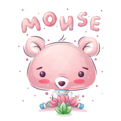Cute pink mouse character surrounded by flowers, perfect for baby products like bodysuits and bibs. Ideal for your little one\'s