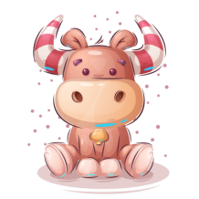 Cute pink bull character with candy-striped horns, sitting and smiling, perfect for baby items.\n\nCaption: Meet the F