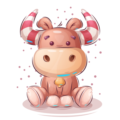 Cute pink bull character with candy-striped horns, sitting and smiling, perfect for baby items.\n\nCaption: Meet the F