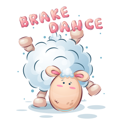 Cute cartoon sheep doing the brake dance, playful and colorful design for baby products.\n\nCaption: Discover the joy 