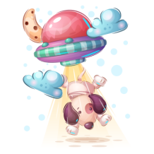 Cartoon dog being abducted by a colorful flying saucer with clouds and a cookie. \n\nCaption: Let your little one enjo