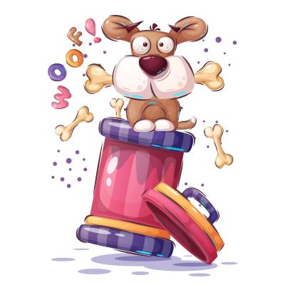 A playful cartoon dog sitting on a colorful container, surrounded by bones and the word \"Woof!\" in a baby product de