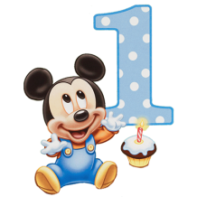 Disney Mickey Mouse celebrating a first birthday with a cupcake and candle, perfect for baby-themed products.\n\nCapti