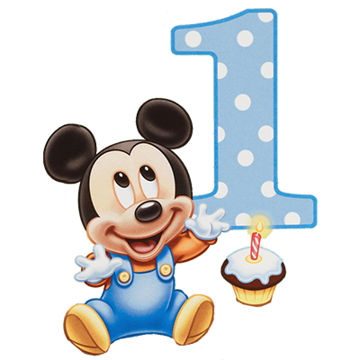Disney Mickey Mouse celebrating a first birthday with a cupcake and candle, perfect for baby-themed products.\n\nCapti