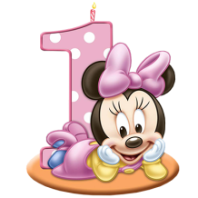 Disney Minnie Number 1 Birthday theme featuring a smiling Minnie Mouse with a pink number one and a birthday candle.\n