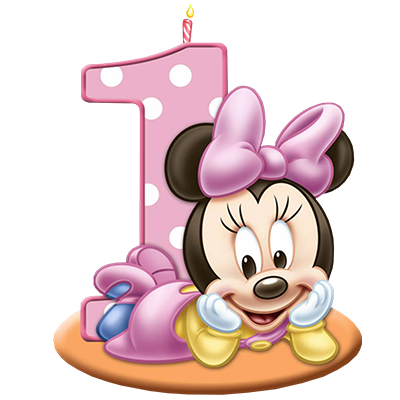 Disney Minnie Number 1 Birthday theme featuring a smiling Minnie Mouse with a pink number one and a birthday candle.\n