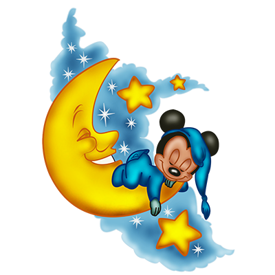 Disney Mickey Good Night design featuring a sleepy Mickey Mouse on a crescent moon against a starry background.\n\nCap