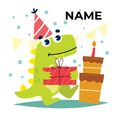 A cheerful dinosaur in a party hat holds a gift and stands next to birthday cakes, surrounded by festive decorations.\n\nCelebra