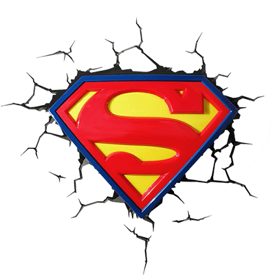 Superman logo bursting through a wall, perfect for baby items like pacifiers, bodysuits, and hats.\n\nCaption: Bright 