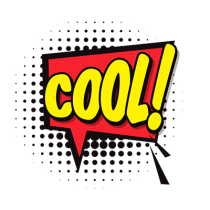 Bright red speech bubble with the word \"Cool!\" in bold yellow letters, ideal for a trendy baby product.\n\nCaption: 