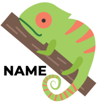 Cute green chameleon illustration on a branch, perfect for baby product branding. \n\nCaption: Discover the charming C