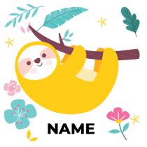 Illustrated sloth hanging on a branch surrounded by flowers and leaves, representing the Lazy Tree Style 2 baby produc
