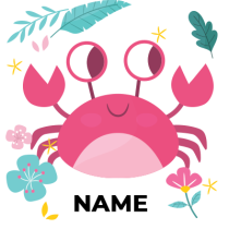Cute pink crab surrounded by flowers and leaves, perfect for baby products.\n\nCaption: This adorable crab design adds