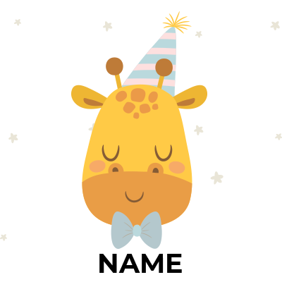 Yellow giraffe with a birthday hat and bow tie, smiling softly against a starry background.\n\nCaption: Celebrate your