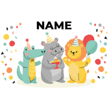 Colorful illustration of three cute animals in party hats celebrating a birthday with confetti.\n\nCaption: Celebrate 
