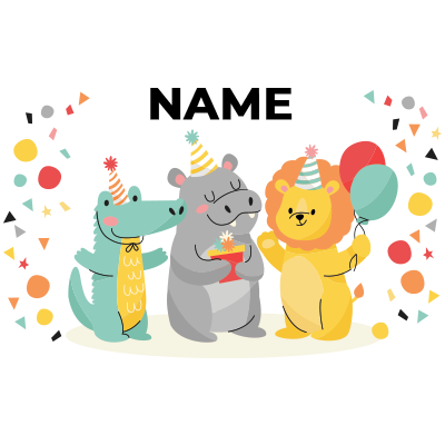 Colorful illustration of three cute animals in party hats celebrating a birthday with confetti.\n\nCaption: Celebrate 