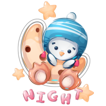 Cute penguin character in a blue hat sitting on a moon surrounded by stars, labeled \"NIGHT.\" \n\nCaption: Sweet drea