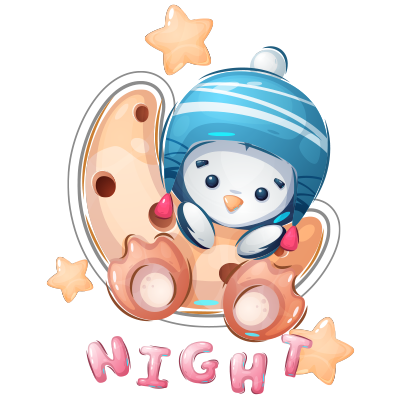 Cute penguin character in a blue hat sitting on a moon surrounded by stars, labeled \"NIGHT.\" \n\nCaption: Sweet drea