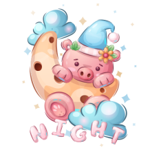 Cute pink pig wearing a night hat, sitting on a crescent moon surrounded by clouds, with the word \"NIGHT\" below.\n\n