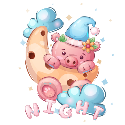 Cute pink pig wearing a night hat, sitting on a crescent moon surrounded by clouds, with the word \"NIGHT\" below.\n\n