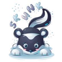 Cute cartoon skunk character with a playful expression, ideal for baby products.\n\nCaption: Meet the Funny Animals Sk
