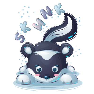 Cute cartoon skunk character with a playful expression, ideal for baby products.\n\nCaption: Meet the Funny Animals Sk