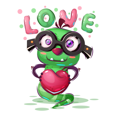 Cute green cartoon monster with glasses holding a heart and surrounded by colorful balloons, promoting love for baby p