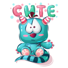 Cute cartoon animal character with big eyes, colorful body, and the word \"CUTE\" above it, perfect for baby products.