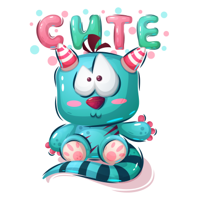 Cute cartoon animal character with big eyes, colorful body, and the word \"CUTE\" above it, perfect for baby products.