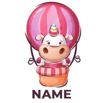 Cute bull character wearing a blue outfit with a pink and polka-dotted pillow, designed for baby products. \n\nCaption