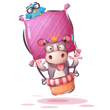 Funny Animals Cow model-1 featuring a playful cow and a bird with a balloon, perfect for adding whimsy to baby items. \n\nA fun 