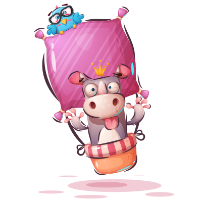 Funny Animals Cow model-1 featuring a playful cow and a bird with a balloon, perfect for adding whimsy to baby items. \n\nA fun 