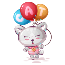Cute cartoon cat holding colorful balloons, perfect for baby products like pacifiers and bodysuits.\n\nCaption: Celebr