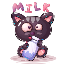 A cute cartoon cat holding a milk bottle, surrounded by playful \"MILK\" text, perfect for baby products.\n\nCaption: 