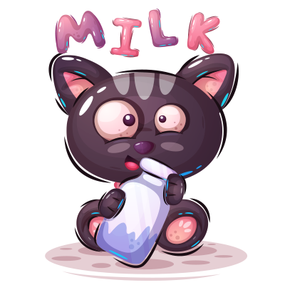 A cute cartoon cat holding a milk bottle, surrounded by playful \"MILK\" text, perfect for baby products.\n\nCaption: 
