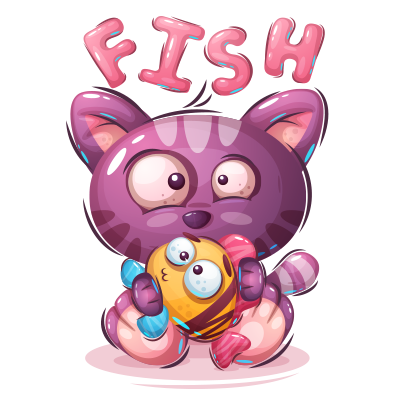 Cute cartoon cat holding a colorful fish toy, with the word \"FISH\" above, perfect for baby products. Suitable for playful vibe