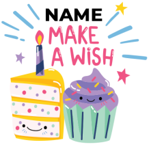 Colorful birthday-themed design featuring a frosted cake and cupcake with the text \"Make a Wish\".\n\nCaption: Celebr