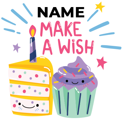 Colorful birthday-themed design featuring a frosted cake and cupcake with the text \"Make a Wish\".\n\nCaption: Celebr