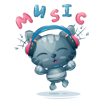 Cute cartoon cat wearing headphones, playfully dancing with the word \"MUSIC\" above. \n\nCaption: Enjoy the joyful vi