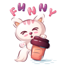 Cute cartoon cat holding a cup, with \"FUNNY\" text above, perfect for baby products.\n\nCaption: Add a touch of fun t