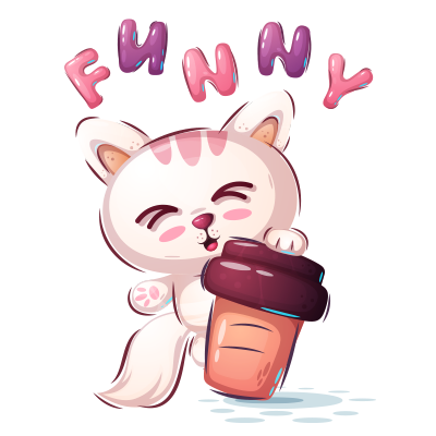 Cute cartoon cat holding a cup, with \"FUNNY\" text above, perfect for baby products.\n\nCaption: Add a touch of fun t