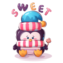 Cute penguin with a blue hat and striped scarf, surrounded by the word \"SWEET,\" ideal for baby products.\n\nCaption:
