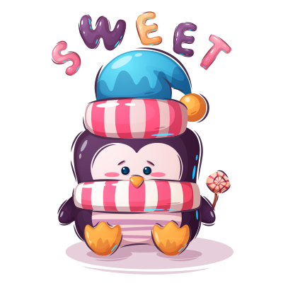 Cute penguin with a blue hat and striped scarf, surrounded by the word \"SWEET,\" ideal for baby products.\n\nCaption: