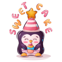 Cute penguin in a party hat holding a colorful dessert with \"Sweet Cake\" text, perfect for baby products.\n\nCaption