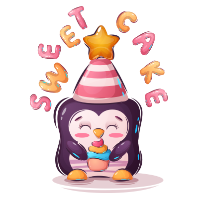 Cute penguin in a party hat holding a colorful dessert with \"Sweet Cake\" text, perfect for baby products.\n\nCaption