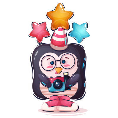 Cute penguin character holding a camera with colorful stars, perfect for inspiring creativity in babies.\n\nCaption: C