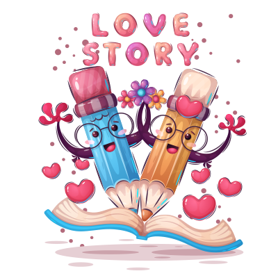 Colorful illustration of two animated crayons with hearts, representing the Fun Animals Historia de amor for baby prod
