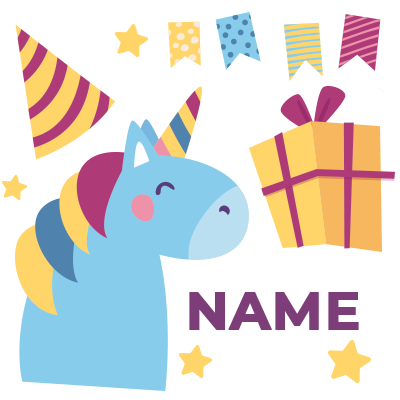 Colorful unicorn illustration with birthday party decorations and a gift box, perfect for baby celebrations. \n\nCapti