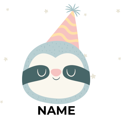 A cute sloth wearing a party hat, surrounded by stars, perfect for a baby\'s birthday theme.\n\nCaption: Celebrate you